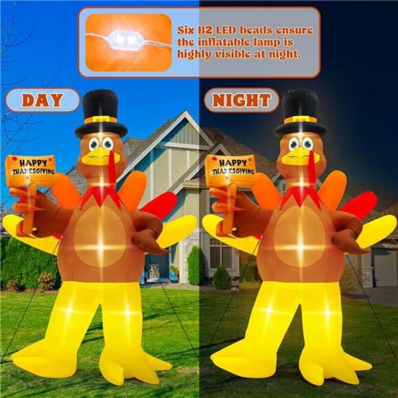 12FT Inflatable Turkey, LED Lighted Turkey Holding Happy Thanksgiving Sign - Picture 3 of 8